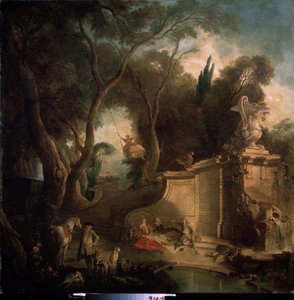 ""Rest after the Hunt" (Rest after the Hunt) Gleden av adelen etter jaktfesten, en kvinne på en huske, en piknikscene (piknik) landsbygda. Maleri av Jacques de Lajoue (1686-1761) 1730 Pushkin-museet, Moskva