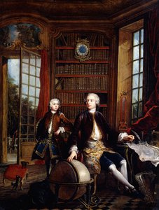 Portrett av kunstnerens sønn med sin lærer, sies å være kunstneren Jean Baptiste de Courtonne den yngre, i et bibliotek, av Jacques de Lajoüe