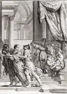Jehoiada, yppersteprest i Jerusalem som utroper prins Joash som konge av Juda, scene fra 'Athalie' av Jean Racine (1639-99) gravert av Jean-Jacques Flipart (1719-82)