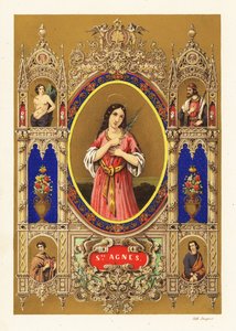 Portrett av Saint Agnes av Roma, jomfru martyr, med glorie og palmeblad innenfor dekorativ kant av Jacquet Jacquet