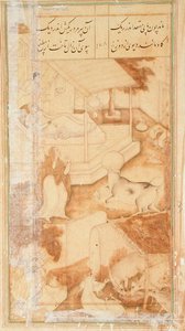 En kvinne med sin syke datter blir forstyrret av en ku med en vannpotte fast på hodet, fra Hadiqat Ul-Haqiqat (Sannhetens hage) av Hakim Sanai, fjerde miniatyr, folio 178, Mughal av Jaganath Jaganath
