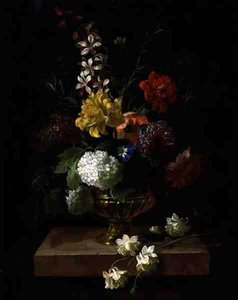 Stilleben av blomster i en urne (olje på panel) av Jakob Bogdani or Bogdany