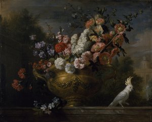 Stilleben med blomster i en urne, med en kakadue, på en avsats, ca. 1699 (olje på lerret) av Jakob Bogdani or Bogdany