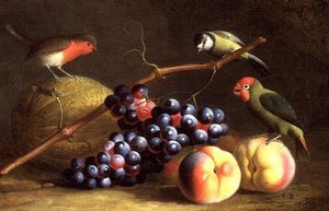 Tre fugler med fersken, druer og en melon