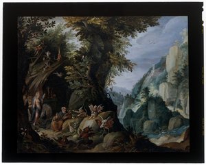 Fristelsen til Saint Anthony i et landskap av Jakob Isaaksz Swanenburgh