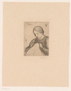 Portrett av Malvina Dedeyn med håndverk Syersken (tittel på objekt) av Jakob Smits