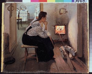 ""Tanker ved komfyren"" (Tanker ved komfyren) En ung kvinne som sitter ettertenksom foran bålet. Maleri av Jakov Kalinichenko (1869-1938) 1897 State Regional I. Pozhalostin Art Museum, Ryasan