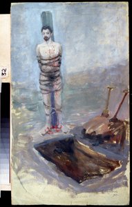 Den russiske revolusjonen i 1905: ""Henrettelsen"" En domfelt bundet til en stolpe nær hans gravde grav. Maleri av Jakov Kalinichenko (1869-1938) 1905 State Regional I. Pozhalostin Art Museum, Ryasan