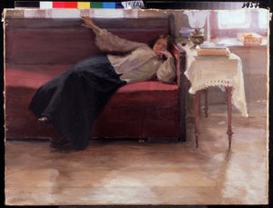 ""Drømmer"" ettertenksom ung jente som ligger på en sofa. Maleri av Jakov Kalinichenko (1869-1938) 1904 State Regional I. Pozhalostin Art Museum, Ryasan