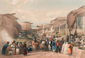 'Hovedgaten i basaren i Caubul i fruktsesongen', ca. 1839 (litografi, tonet)