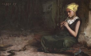 Jente som sjarmerer en slange (chromolitho)