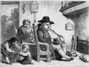 John Bull glad: John Bull (karakter av typisk engelsk, symbol på England) hjemme med sin kone og barn. Gilbert-gravering etter Gillray. I "" Le Magasin pittoreske""