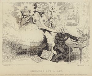 Å lukte på en rotte: Den walisiske filosofen, den ikke-konformistiske predikanten og brosjyren Richard Price ble skremt av en gigantisk bebrillet nese som representerer Edmund Burke som fanger ham på jobb omgitt av bevis på oppvigleri mot kirken og staten
