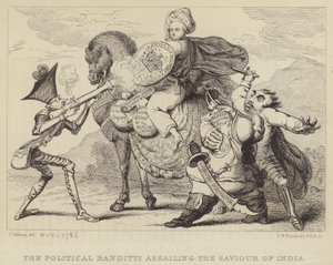 The Political Banditti Assailing the Savior of India: Warren Hastings, tidligere guvernør i Bengal, under angrep fra politikerne Edmund Burke, Charles James Fox og Lord North