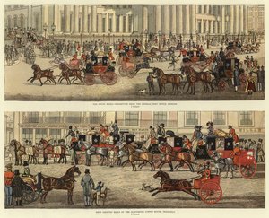 Scener på veien i de gamle trenerdagene (farge litho)