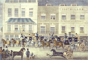 West Country Mail på Gloucester Coffee House, Piccadilly, gravert av C. Rosenberg (farget lito)