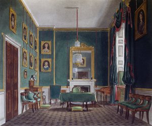 Grønt tilbaketrekningsrom, Gravering av Daniel Havell (1785-1826), Basert på design av James Stephanoff (ca 1788-1874), Fra The History of the Royal Residences