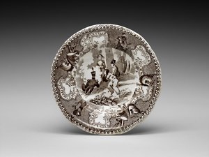 Kopptallerken, ca. 1837-1856 (blyglasert keramikk med overføringstrykk) av James (attr.to) Beech