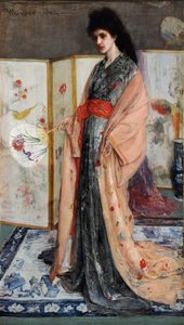 ""Prinsessen av porselenslandet"" (Rose and Silver: The Princess from the Land of Porcelain) Ung kvinne kledd i japansk stil i en kimono, bak henne en japansk skjerm (Japonisme) Maleri av James Abbott McNeill Whistler ( 1834- 1903) 1864 Friere av James Abbott McNeill Whistler
