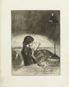 Portrett av Deborah Delano som leser Lesing med lampelys av James Abbott McNeill Whistler