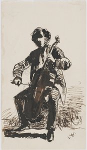 Sir Seymour Haden Playing the Cello, ca. 1855 (blyant, penn og blekk på beige papir) av James Abbott McNeill Whistler