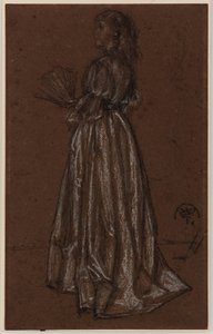 Stående figur med vifte, ca. 1873/1876 (svart og hvitt kritt på brunt papir) av James Abbott McNeill Whistler