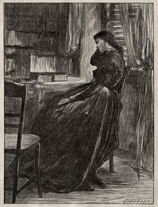 Prøveprekenen: Joanna Douglas ved skrivebordet hennes, 1862. av James Abbott McNeill Whistler