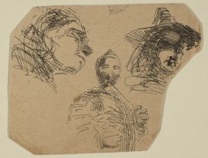 To kvinnelige hoder og stående figur fra skisser på kystundersøkelsesplaten, 1854-55. av James Abbott McNeill Whistler