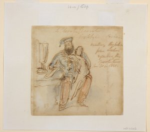 General Avitabile sitter ved et bord og leser, med en kvinne på kneet, muligens hans favoritt, Begum Peri av James Atkinson