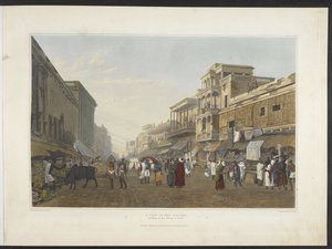 En utsikt i basaren, som fører til Chitpore Road, fra 'Views of Calcutta and its Environs'1826 (håndfarget akvatint) av James Baillie (after) Fraser