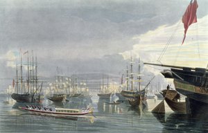 En utsikt over elven, skipsfarten og byen Calcutta, fra nær Smiths Dock, 1837, gravert av Robert Havell den yngre (1793-1878) (akvatint)
