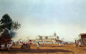 Lall Bazaar og det portugisiske kapellet, Calcutta, gravert av Robert Havell, pub. 1824