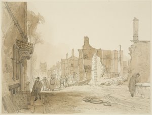 Ruinene av Mansion House og Custom House på Queen Square etter opptøyene (blyant og akvarell på papir) av James Baker Pyne