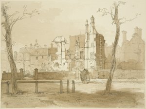 Vestsiden av Queen Square, etter opptøyene (blyant og akvarell på papir) av James Baker Pyne