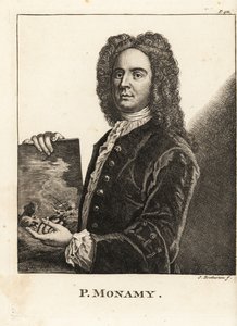 Portrett av Peter Monamy, engelsk marinemaler som holder en maritim scene