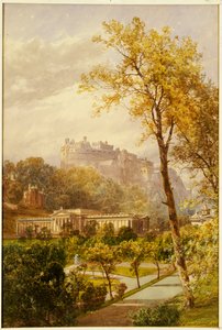 En utsikt over Princes Street Gardens og National Gallery, Edinburgh, med utsikt vestover mot slottet, 1855