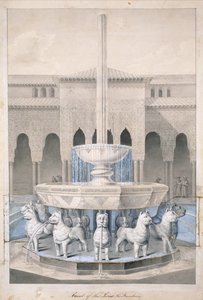 Fountain in the Court of the Lions, Alhambra, fra The Arabian Antiquities of Spain, utgitt 1815 (håndfarget gravering)