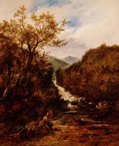 Fisker ved en skogkledd foss av James Charles Ward