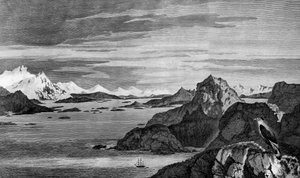 View of Christmas Sound, Tierra del Fuego, tegning av William Hodges, gravering av William Watts, illustrasjon fra Voyage to South Pole, and Round World, av James Cook (1728-1779), utgave utgitt i Paris i 1778