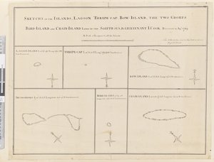 iii. Skisser av øyene Lagoon, Thrum-Cap, Bow-Island, de to gruppene, Bird Island og Chain Island, som ligger i sør, Sea... oppdaget i Apl 1769 av James Cook
