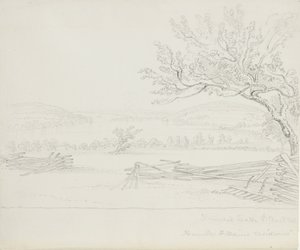 Derwent Lake fra Mr. W. Mains Residence, 1843 (grafitt på kremvevd papir) av James David Smillie