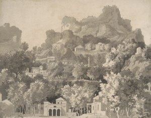 Steinete landskap med klassiske bygninger, ca. 1745 (penn og blekk med vask på papir) av James Deacon