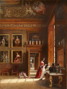 En romantisk utsikt over King's Great Bedroom med en gruppe mennesker i 1600-tallsdrakt, ca. 1703-05 (olje på lerret) av James Digman Wingfield