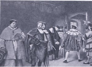 Avskjedigelse av kardinal Wolsey av kong Henry VIII, fra Cassells History of the British People utgitt av Waverley Book Company, ca. 1950-tallet av James Dromgole Linton
