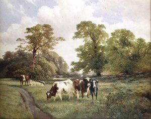 Storfe beiter ved en sti i et skogkledd landskap av James Duffield Harding