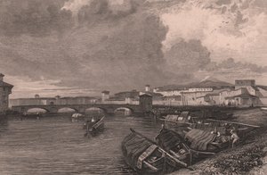 Utsikt over elven Arno i Pisa, Toscana, Italia, stålgravering av Thomas Higham (1796-1844) etter tegning av James Duffield Harding (1798-1863) av James Duffield Harding