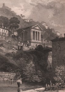 Utsikt over Temple of Clitumnus langs Clitunno-elven nær Campello sul Clitunno, Umbria, Italia, stålgravering av Jordan etter tegning av James Duffield Harding (1798-1863), ca. 10, 5x15 cm av James Duffield Harding