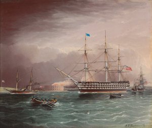 U.S.S. Pennsylvania under slep ved utbruddet av den amerikanske borgerkrigen med Fort Monroe i bakgrunnen