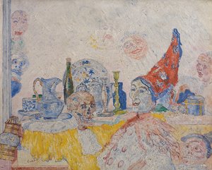 Pjerrot og skjelett i en gul kappe av James Ensor
