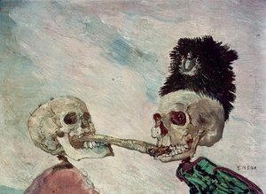 Skjeletter som kjemper om en sild (olje på panel) av James Ensor